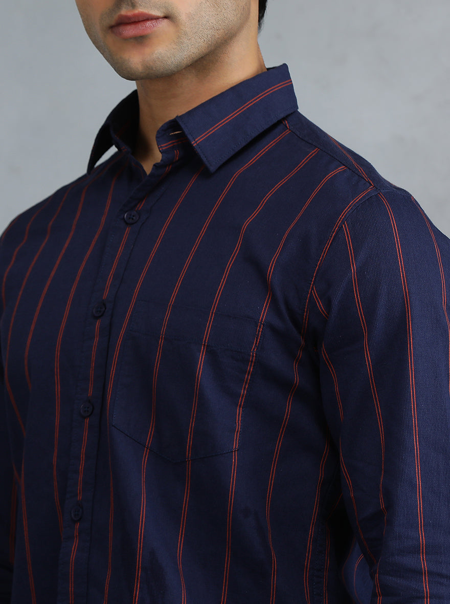 Navy Blue Striped Slim Fit Casual Shirt | Greenfibre