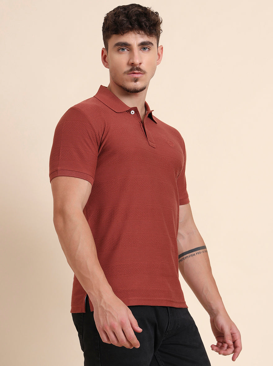 Auburn Red Printed Slim Fit Polo T-Shirt | Greenfibre