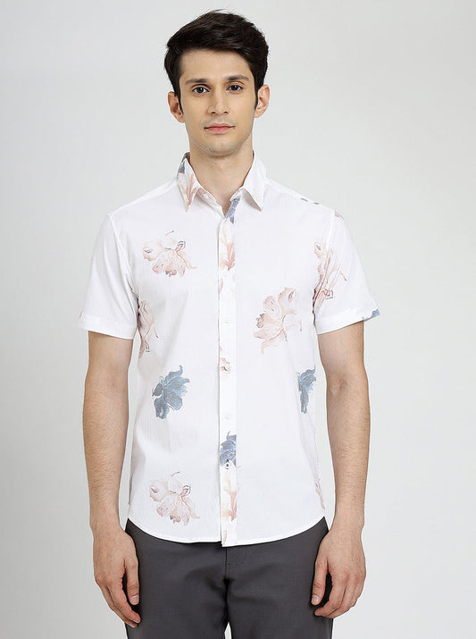 White Printed Slim Fit Casual Shirt | Greenfibre