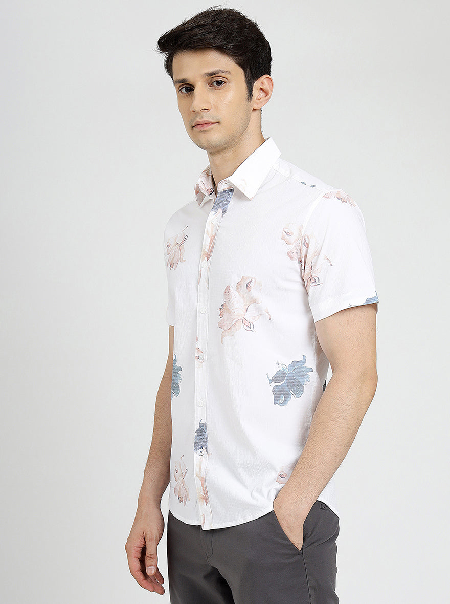 White Printed Slim Fit Casual Shirt | Greenfibre