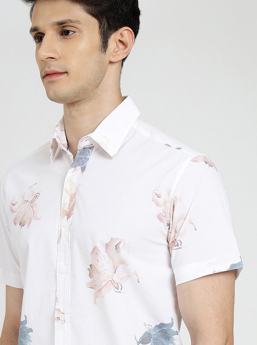 White Printed Slim Fit Casual Shirt | Greenfibre