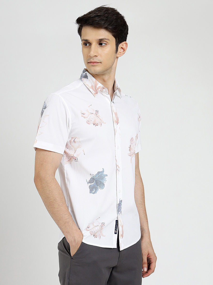 White Printed Slim Fit Casual Shirt | Greenfibre