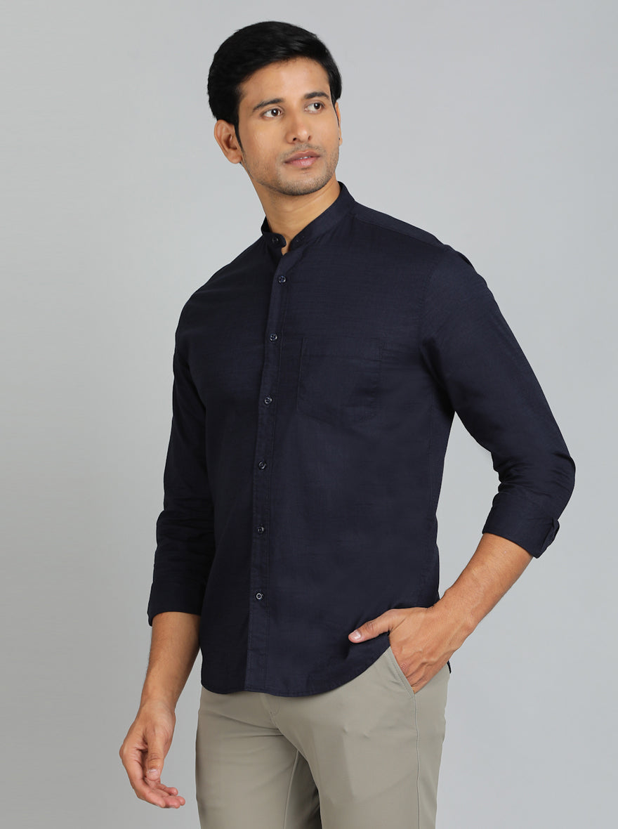 Navy Blue Solid Slim Fit Casual Shirt | Greenfibre