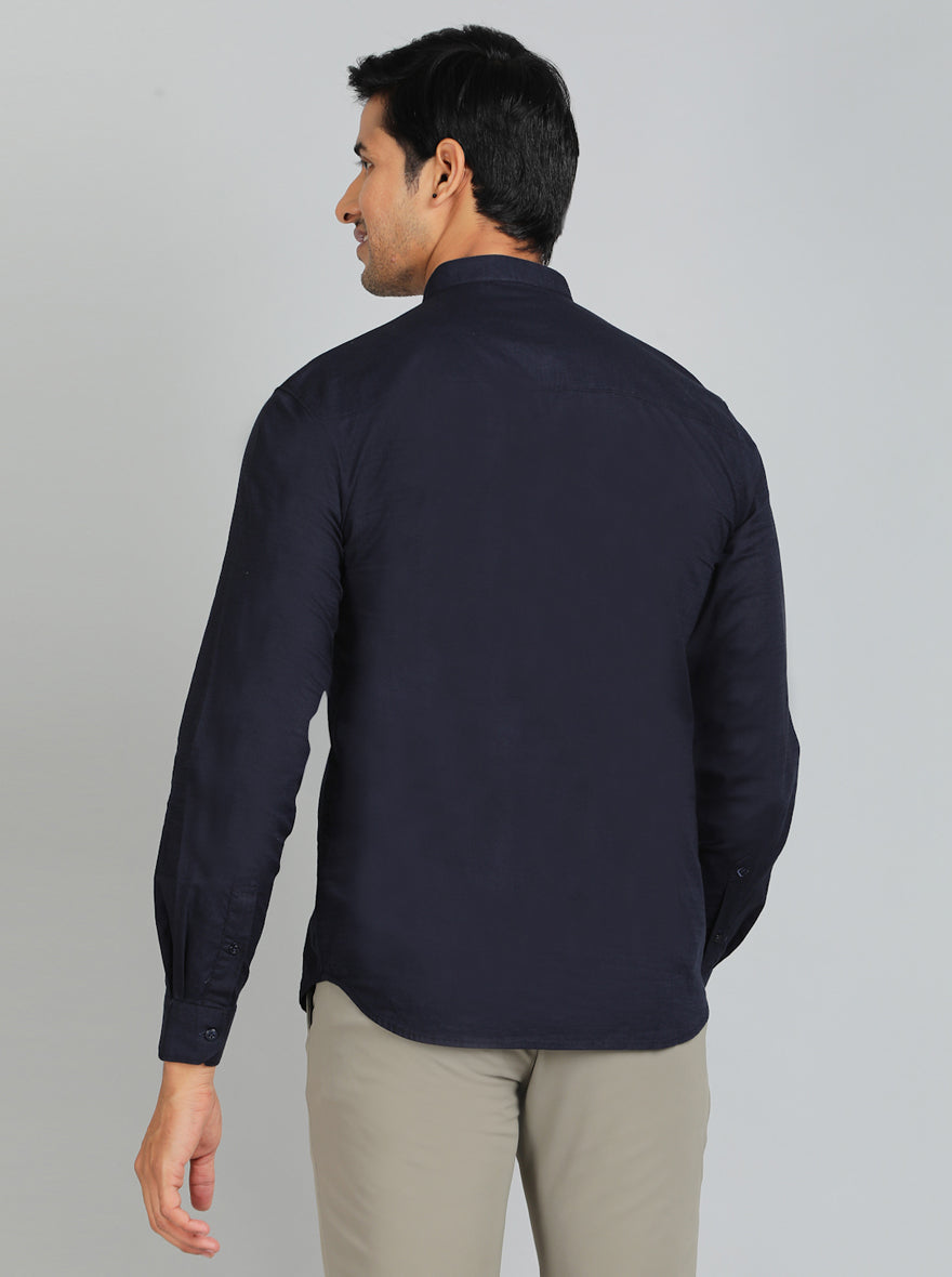 Navy Blue Solid Slim Fit Casual Shirt | Greenfibre