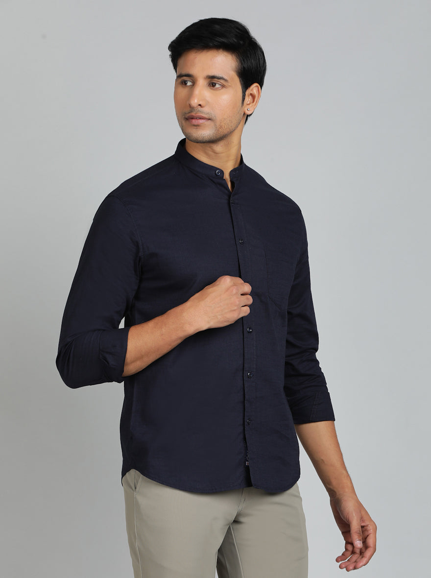 Navy Blue Solid Slim Fit Casual Shirt | Greenfibre