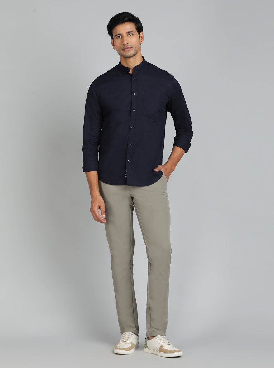 Navy Blue Solid Slim Fit Casual Shirt | Greenfibre