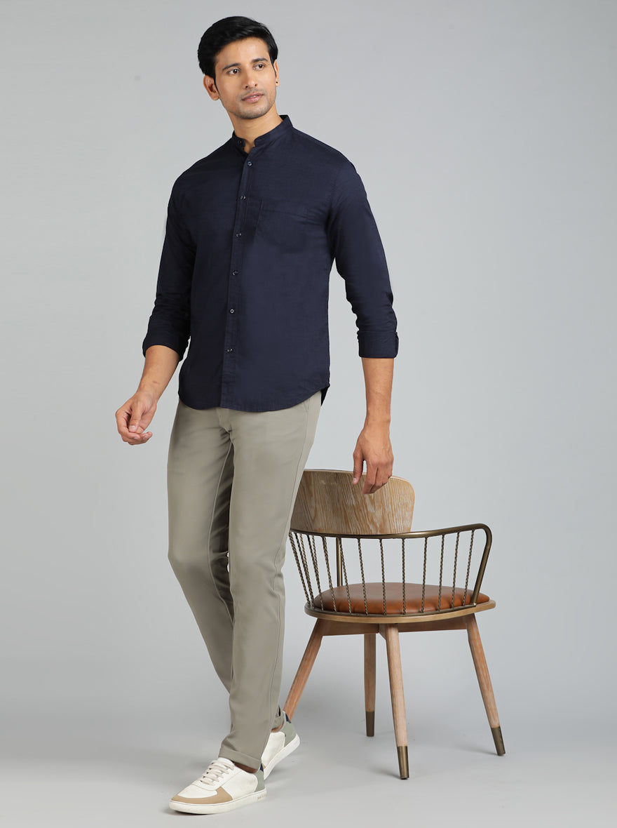 Navy Blue Solid Slim Fit Casual Shirt | Greenfibre