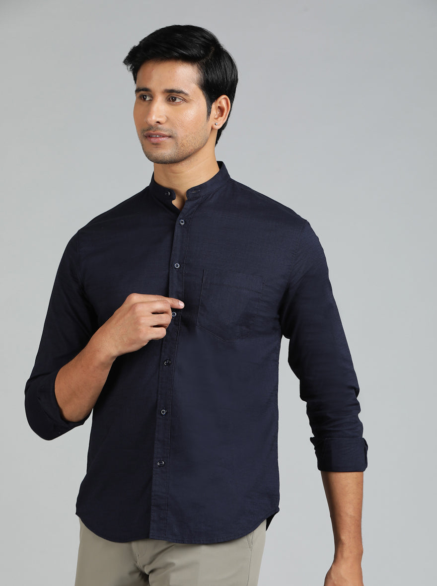 Navy Blue Solid Slim Fit Casual Shirt | Greenfibre