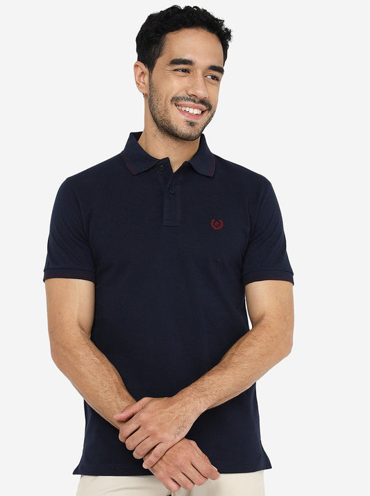 Navy Blue Solid Slim Fit Polo T-Shirt | Greenfibre