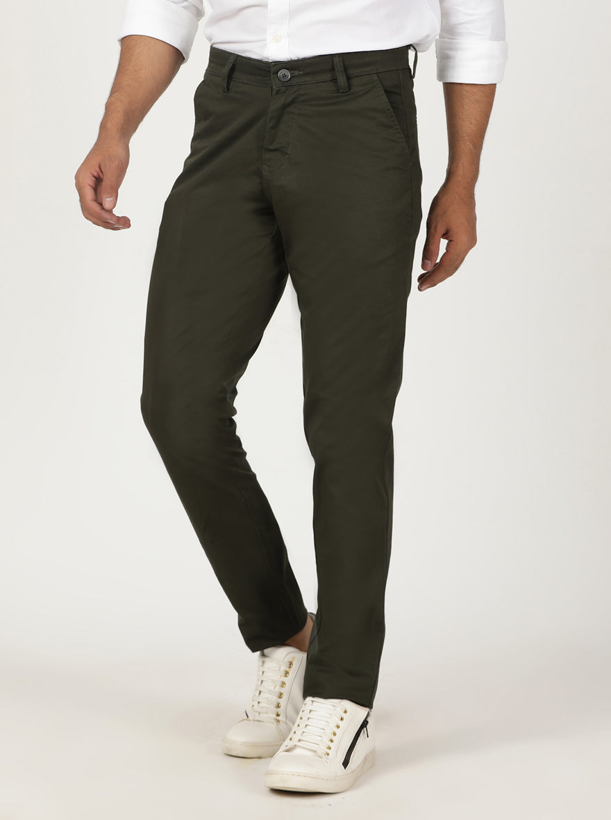 Olive Green Solid Neo Fit Casual Trouser | Greenfibre