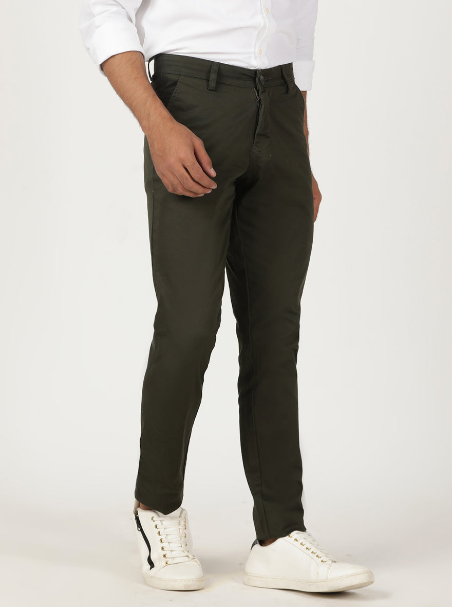 Olive Green Solid Neo Fit Casual Trouser | Greenfibre