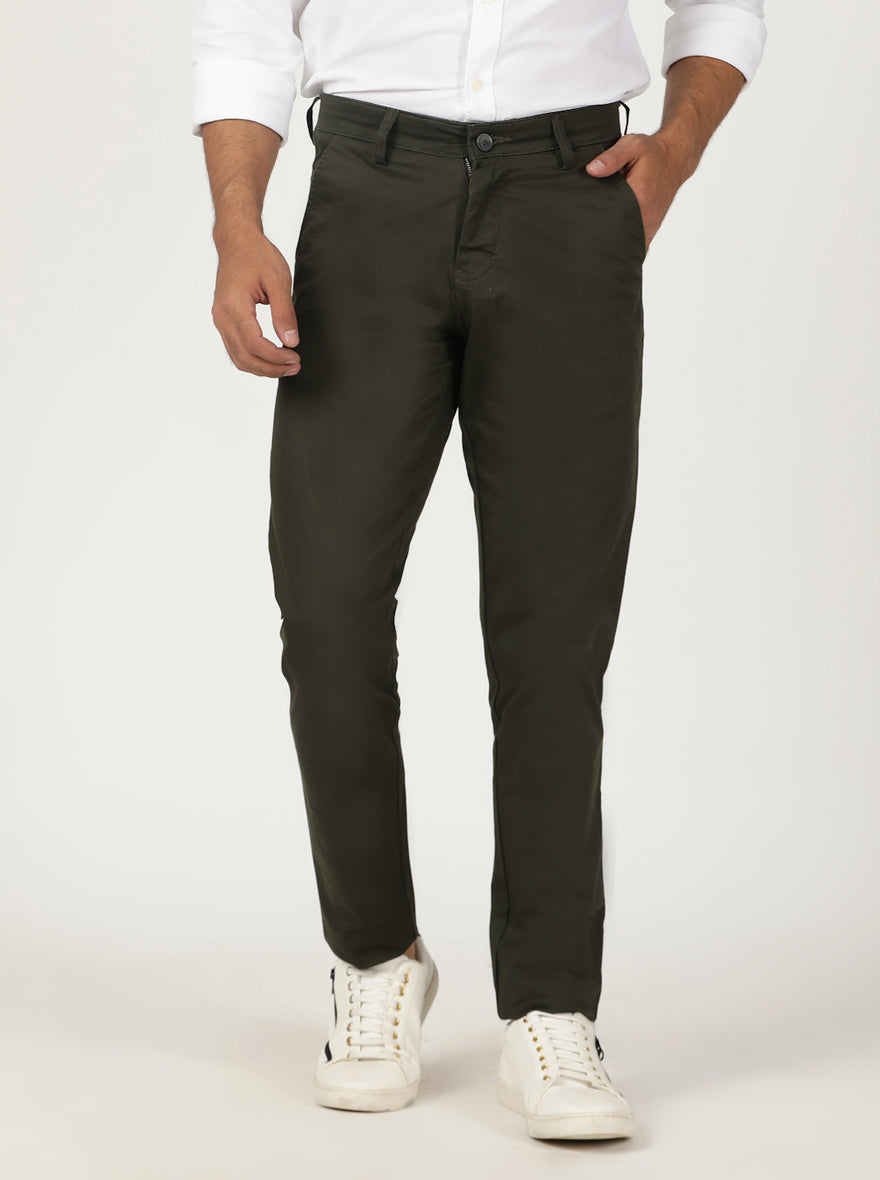Olive Green Solid Neo Fit Casual Trouser | Greenfibre