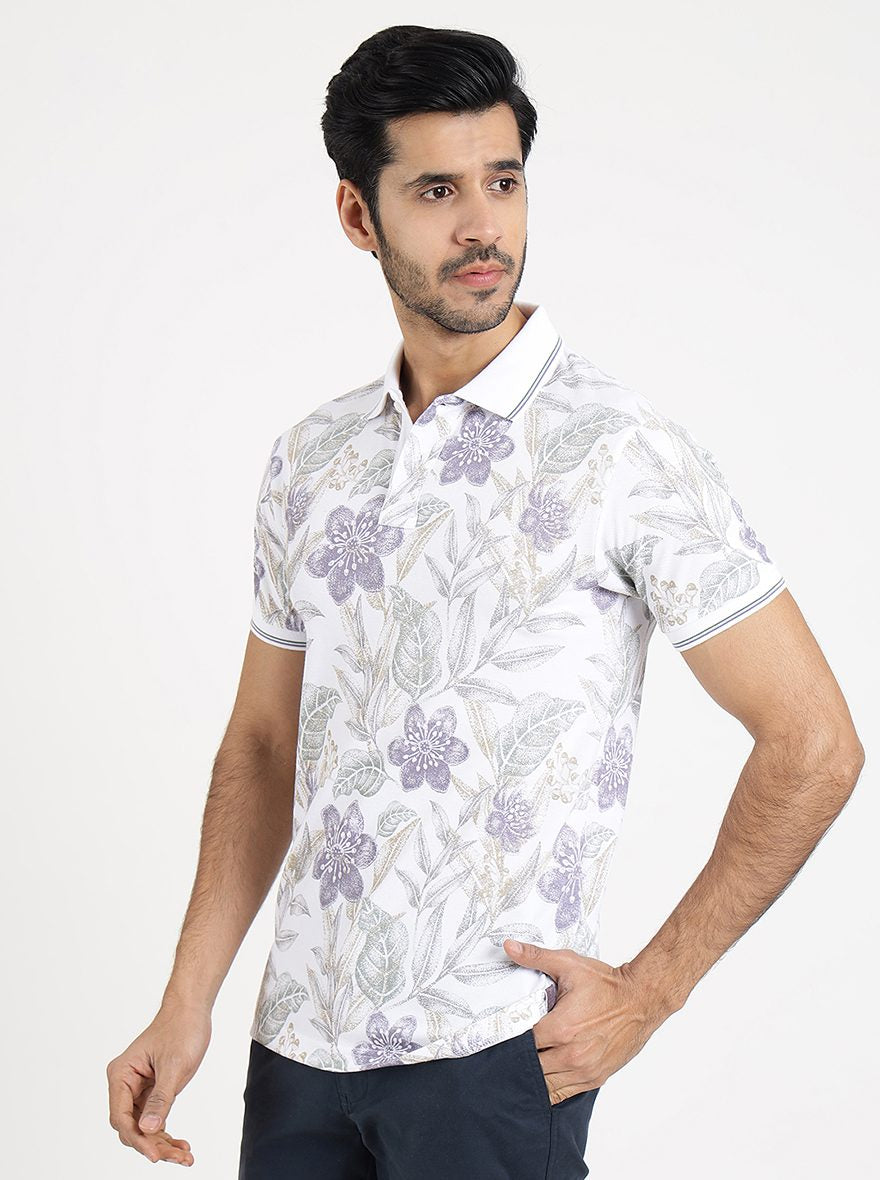 White Printed Slim Fit Polo T-Shirt | Greenfibre