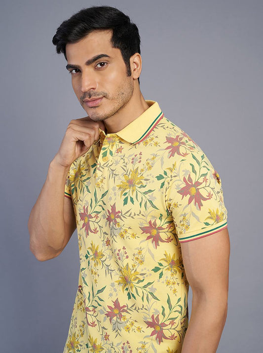 Light Yellow Printed Slim Fit Polo T-Shirt | Greenfibre