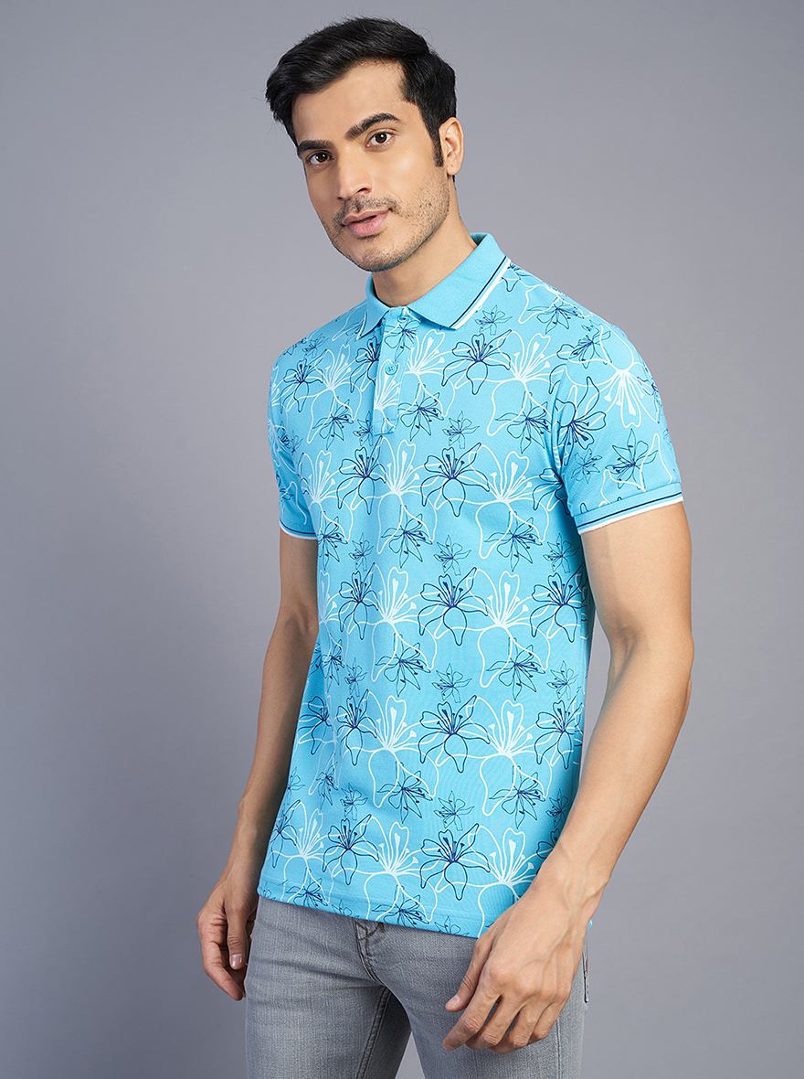 Blue Printed Slim Fit Polo T-Shirt | Greenfibre