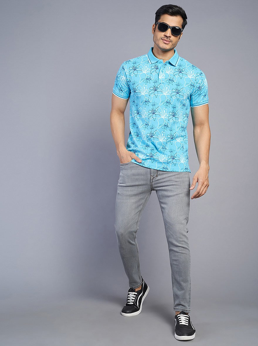 Blue Printed Slim Fit Polo T-Shirt | Greenfibre