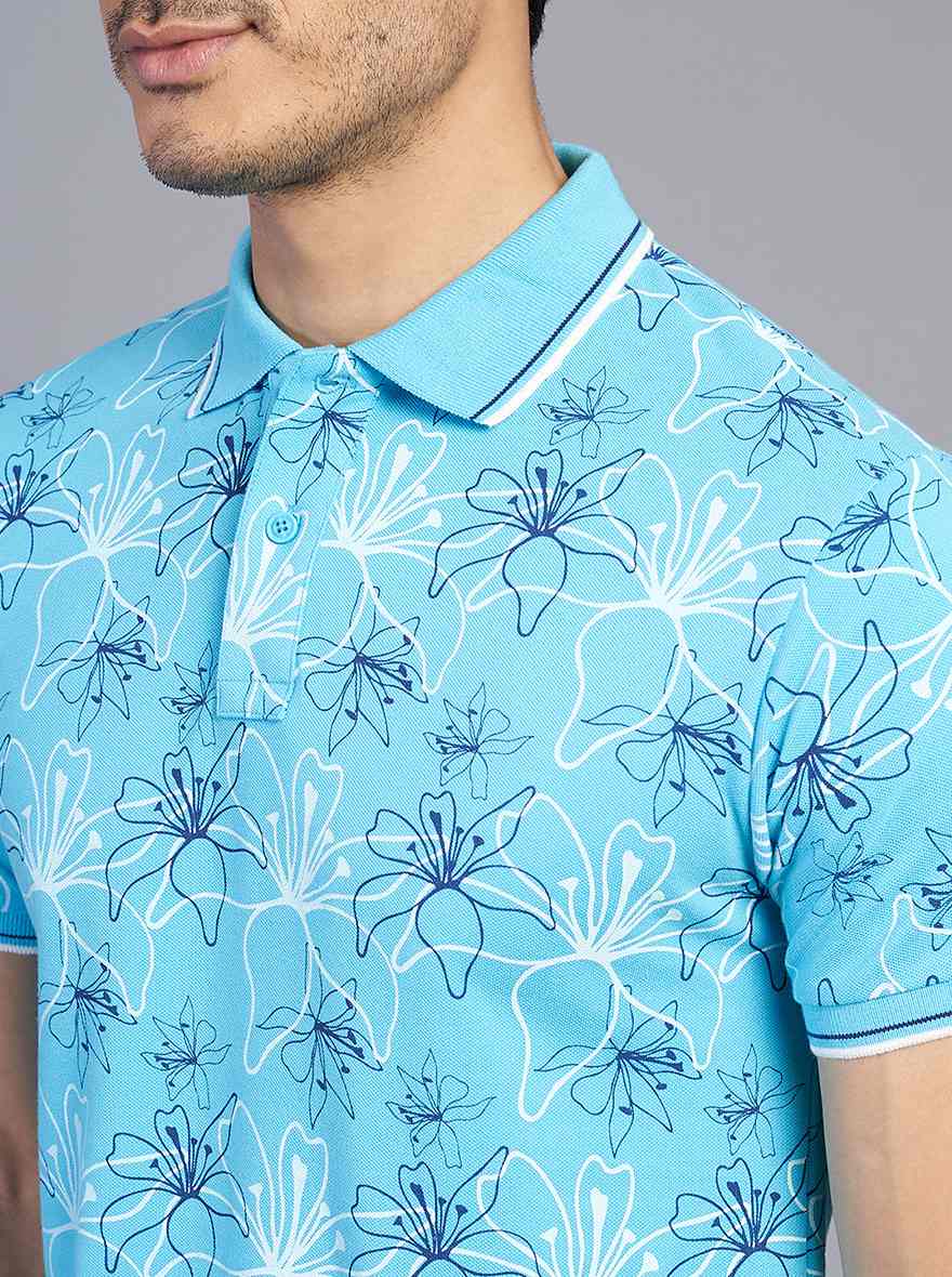 Blue Printed Slim Fit Polo T-Shirt | Greenfibre