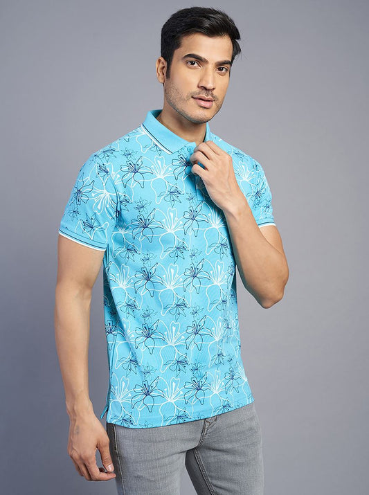 Blue Printed Slim Fit Polo T-Shirt | Greenfibre