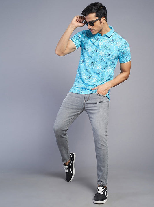 Blue Printed Slim Fit Polo T-Shirt | Greenfibre