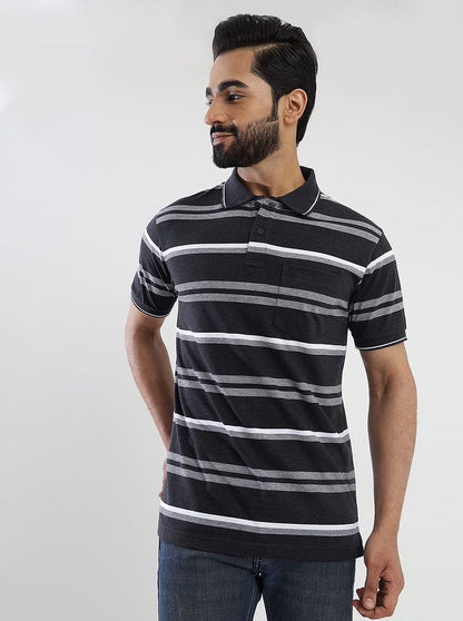Dark Grey Striped Slim Fit Polo T-Shirt | Greenfibre