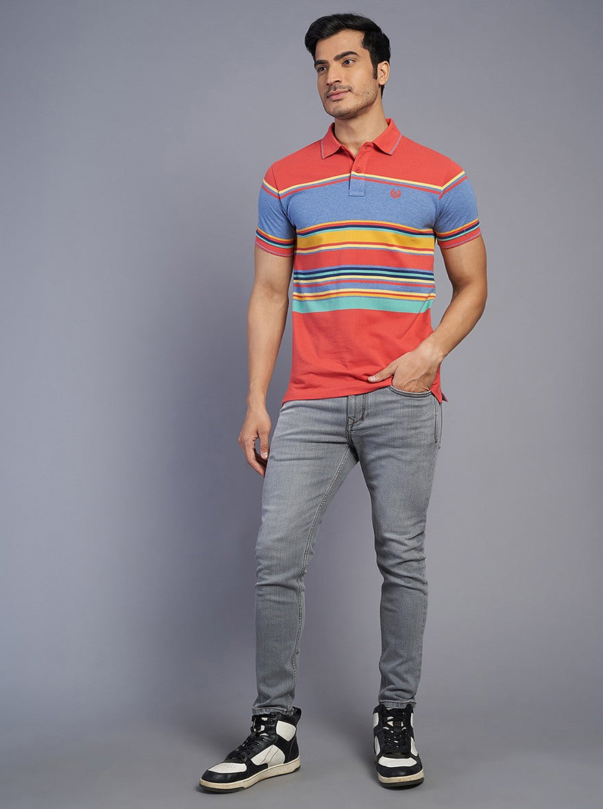 Multicolor Striped Slim Fit Polo T-Shirt | Greenfibre