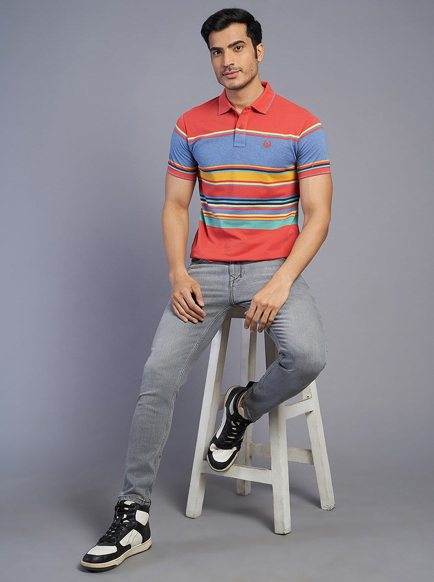 Multicolor Striped Slim Fit Polo T-Shirt | Greenfibre