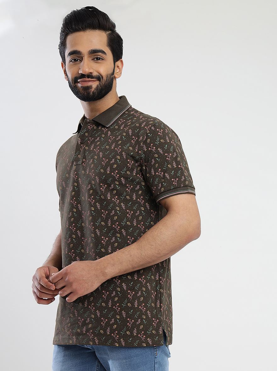 Khaki Printed Slim Fit Polo T-Shirt | Greenfibre
