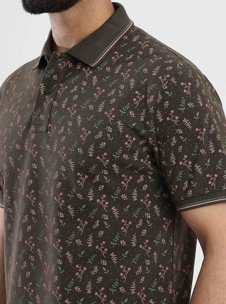 Khaki Printed Slim Fit Polo T-Shirt | Greenfibre