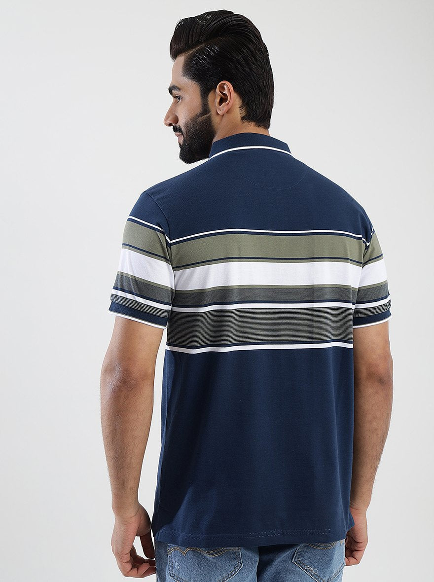 Navy Blue Striped Slim Fit Polo T-Shirt | Greenfibre