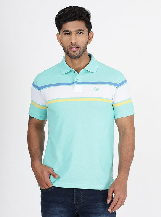 Light Blue Striped Slim Fit Polo T-Shirt | Greenfibre
