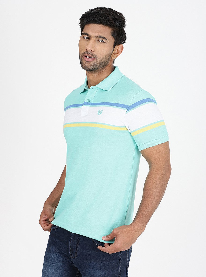 Light Blue Striped Slim Fit Polo T-Shirt | Greenfibre