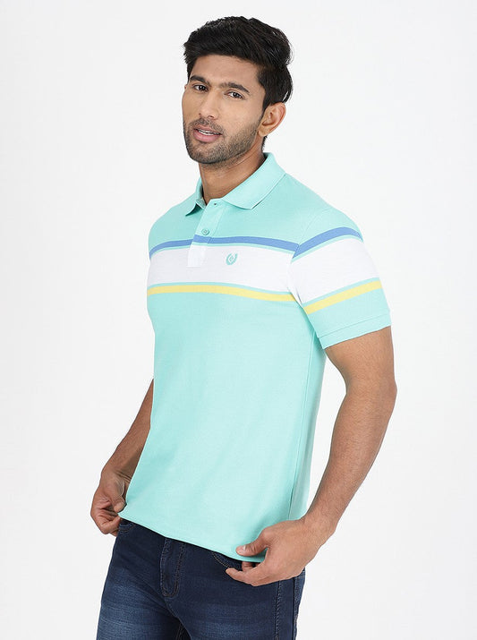 Light Blue Striped Slim Fit Polo T-Shirt | Greenfibre