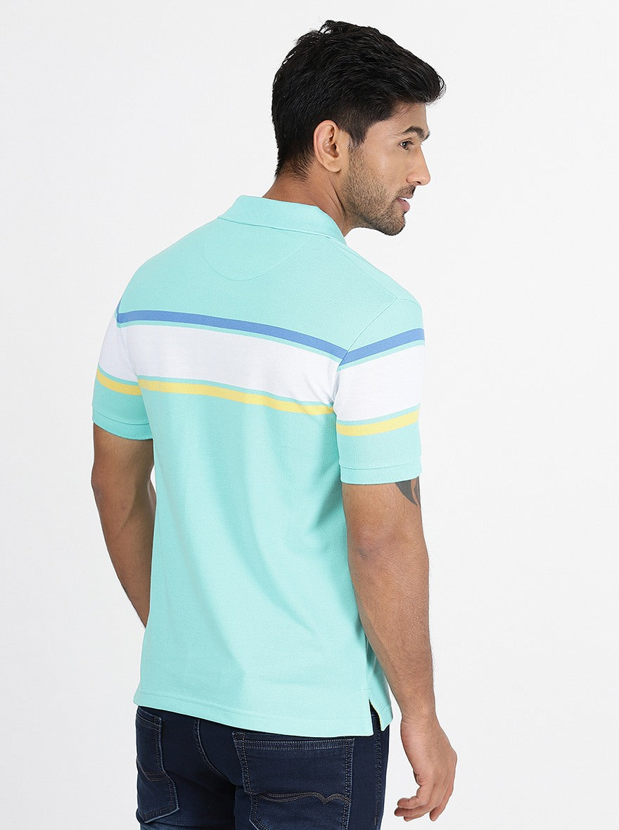 Light Blue Striped Slim Fit Polo T-Shirt | Greenfibre