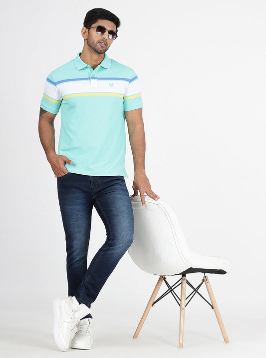 Light Blue Striped Slim Fit Polo T-Shirt | Greenfibre
