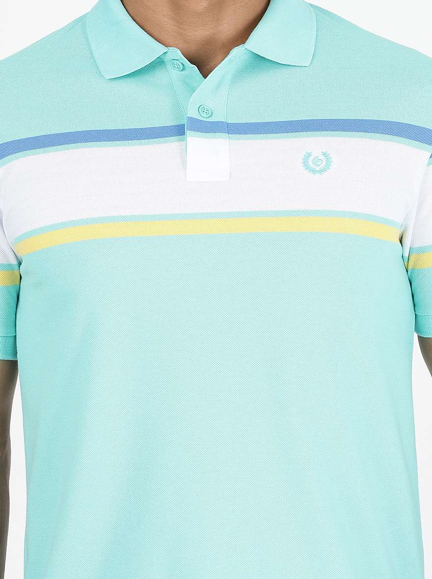 Light Blue Striped Slim Fit Polo T-Shirt | Greenfibre