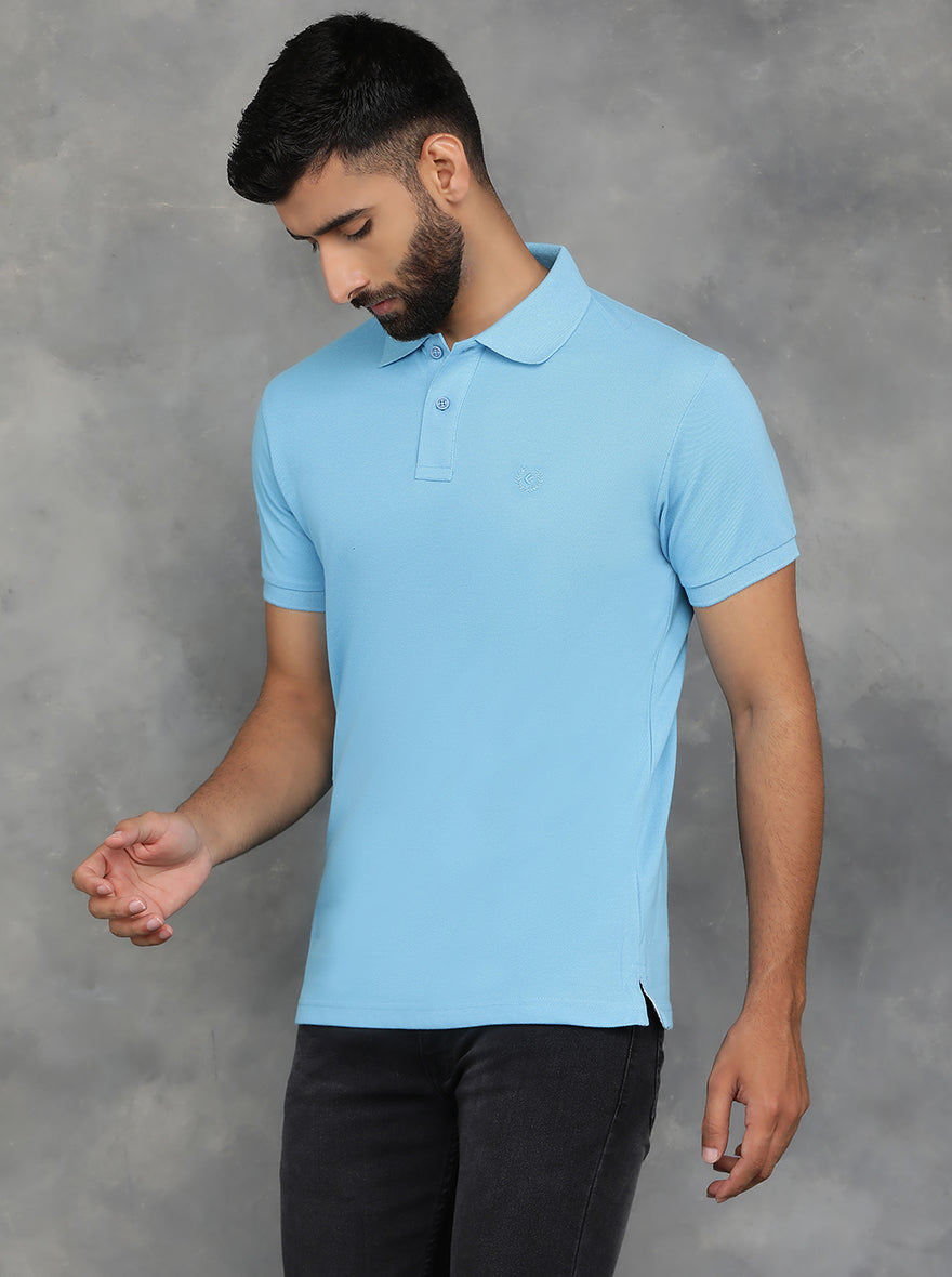Sky Blue Solid Slim Fit Polo T-Shirt | GreenFibre