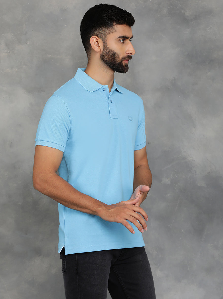 Sky Blue Solid Slim Fit Polo T-Shirt | GreenFibre