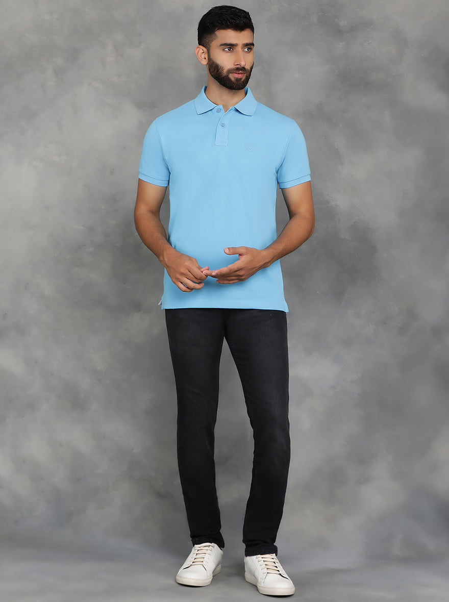 Sky Blue Solid Slim Fit Polo T-Shirt | GreenFibre