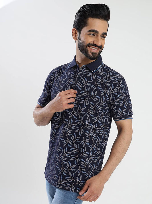 Navy Blue Printed Slim Fit Polo T-Shirt | Greenfibre