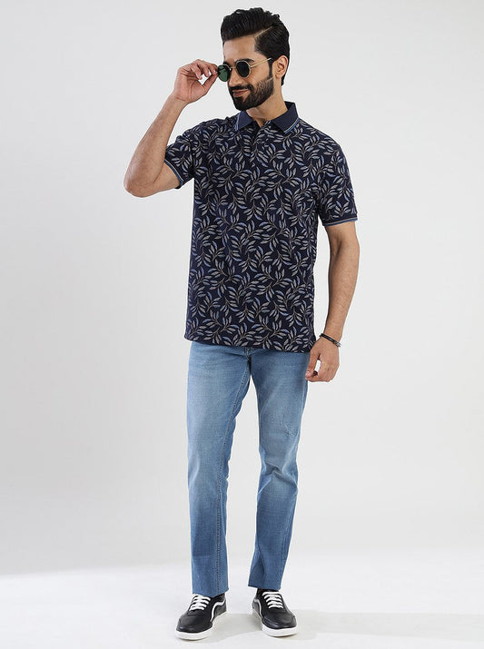 Navy Blue Printed Slim Fit Polo T-Shirt | Greenfibre