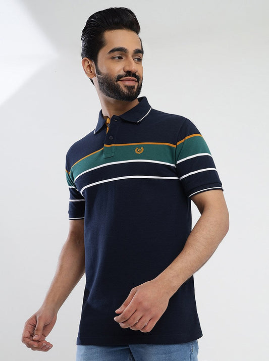 Navy Blue Striped Slim Fit Polo T-Shirt | Greenfibre