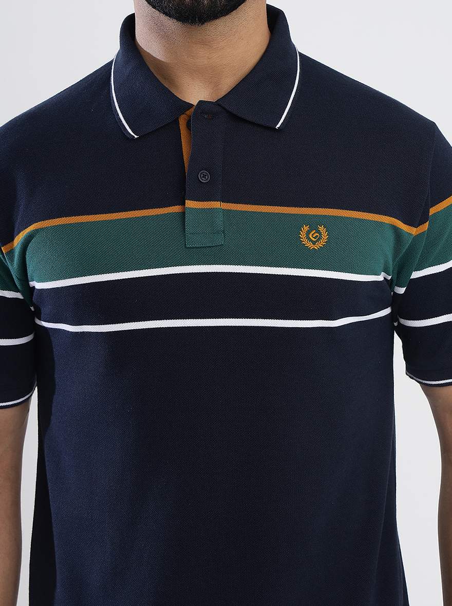 Navy Blue Striped Slim Fit Polo T-Shirt | Greenfibre