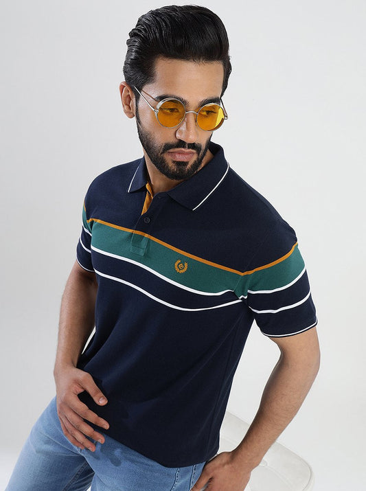 Navy Blue Striped Slim Fit Polo T-Shirt | Greenfibre