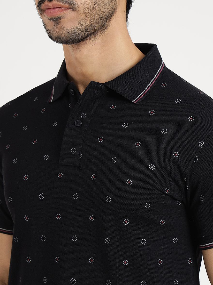 Black Printed Slim Fit Polo T-Shirt | Greenfibre
