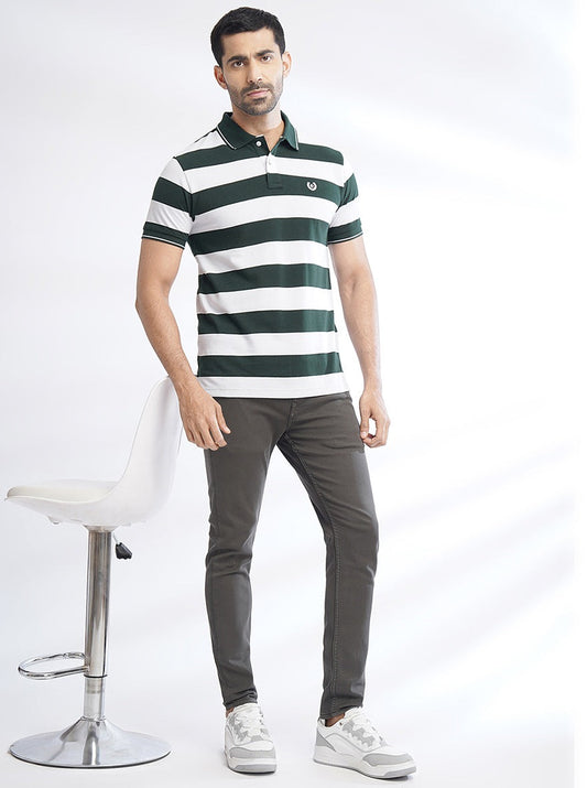 Green Striped Slim Fit Polo T-Shirt | Greenfibre