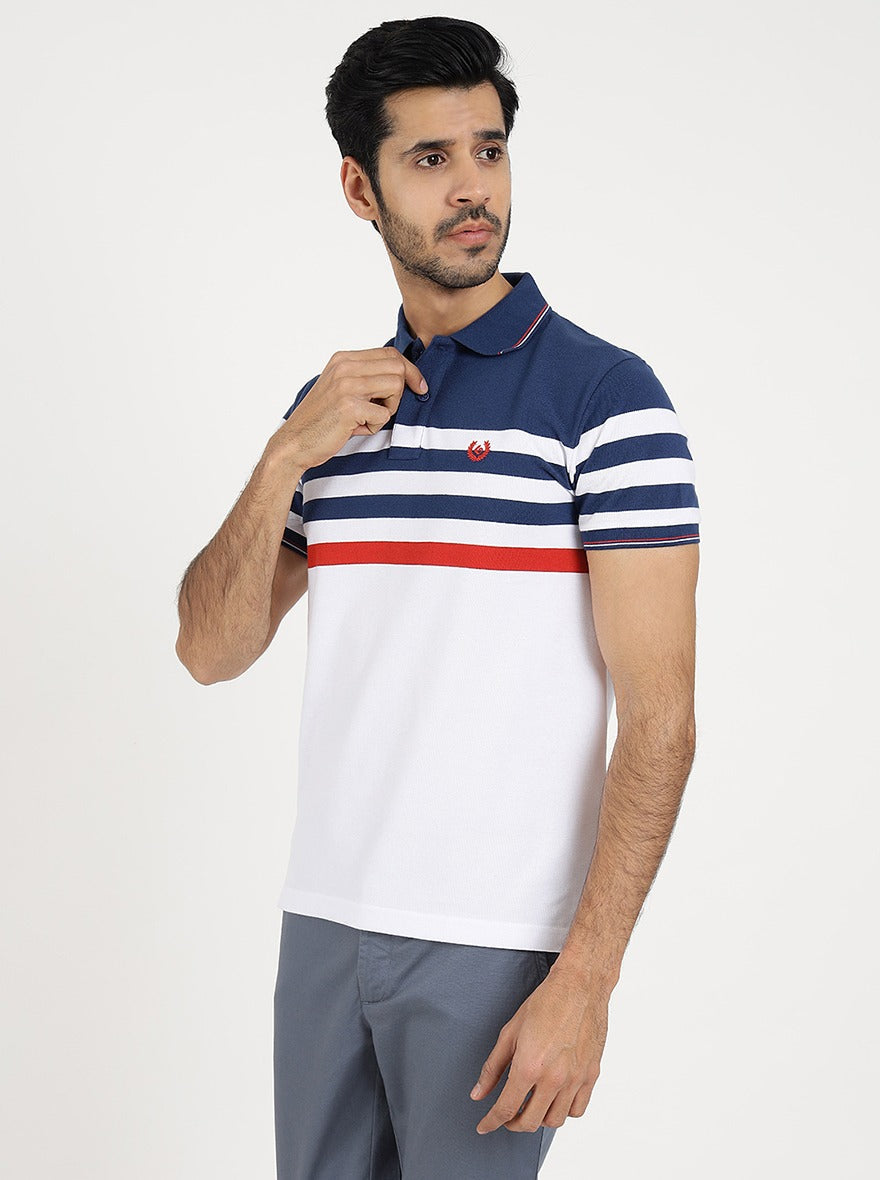 White Striped Slim Fit Polo T-Shirt | Greenfibre