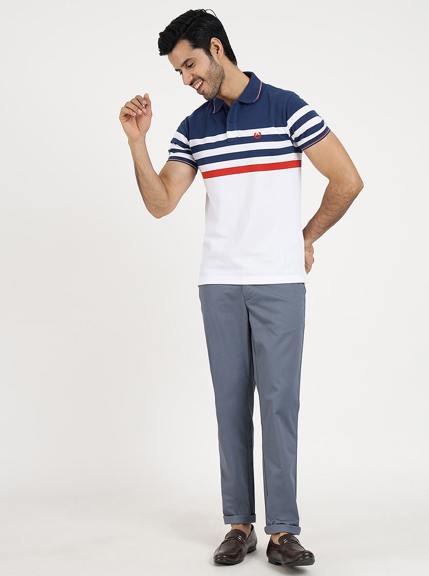 White Striped Slim Fit Polo T-Shirt | Greenfibre