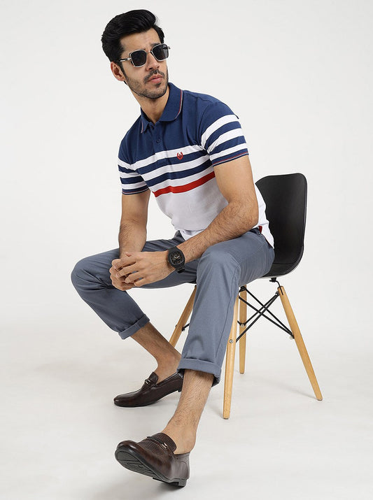 White Striped Slim Fit Polo T-Shirt | Greenfibre
