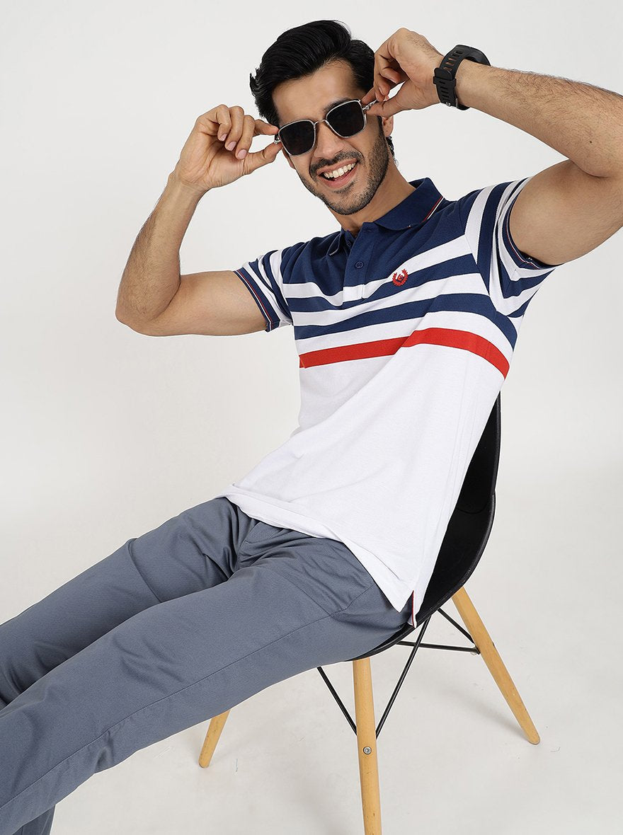 White Striped Slim Fit Polo T-Shirt | Greenfibre