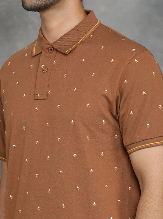 Brown Printed Slim Fit Polo T-Shirt | GreenFibre